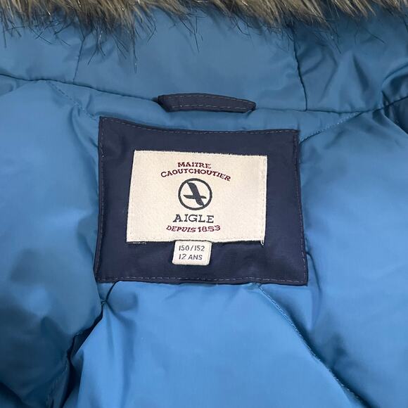 Aigle Goose Down Parka Winter Coat Faux Fur Hood Kids L 12-14 Blue Puffer Jacket - Picture 7 of 8